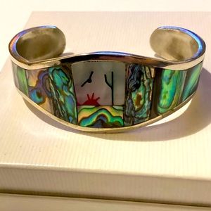 Vintage silver and Abalone wide cuff bracelet